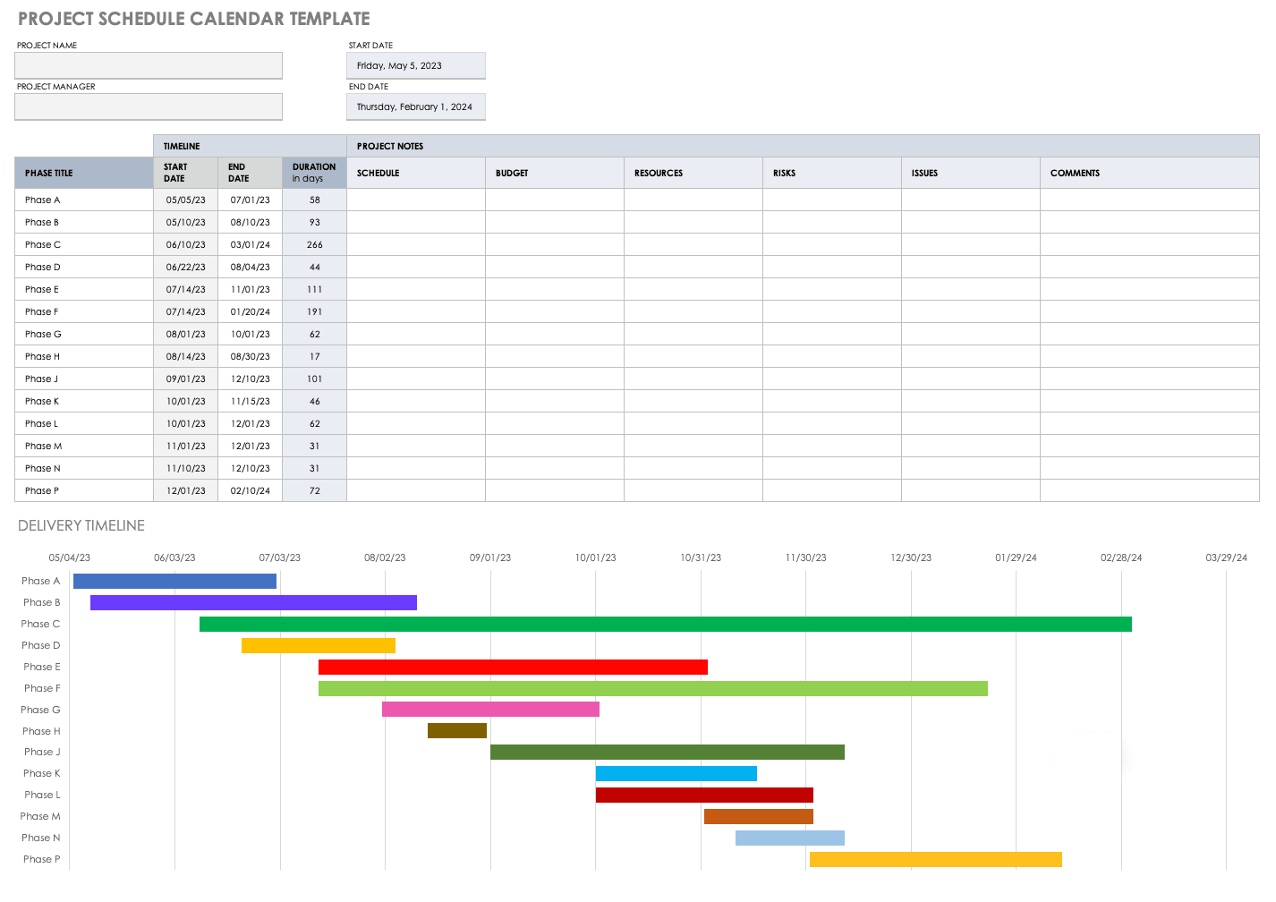 Project Schedule Calendar Template