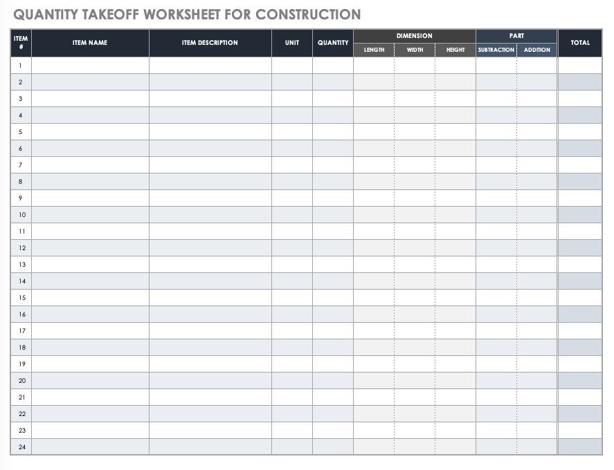 Quantity Takeoff Worksheet Template