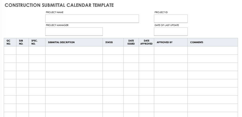 Construction Submittal Calendar Template