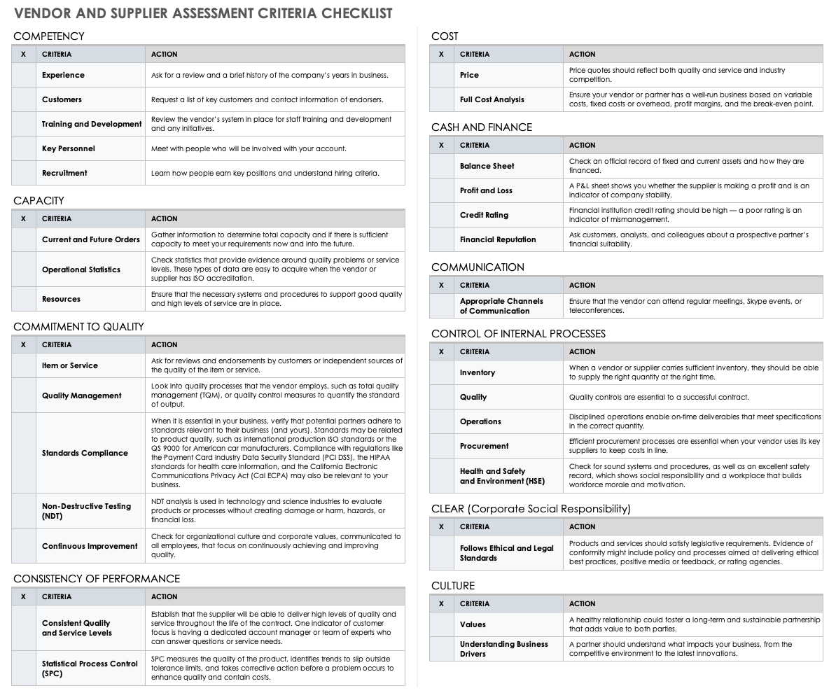 Vendor and Supplier Assessment Criteria Checklist