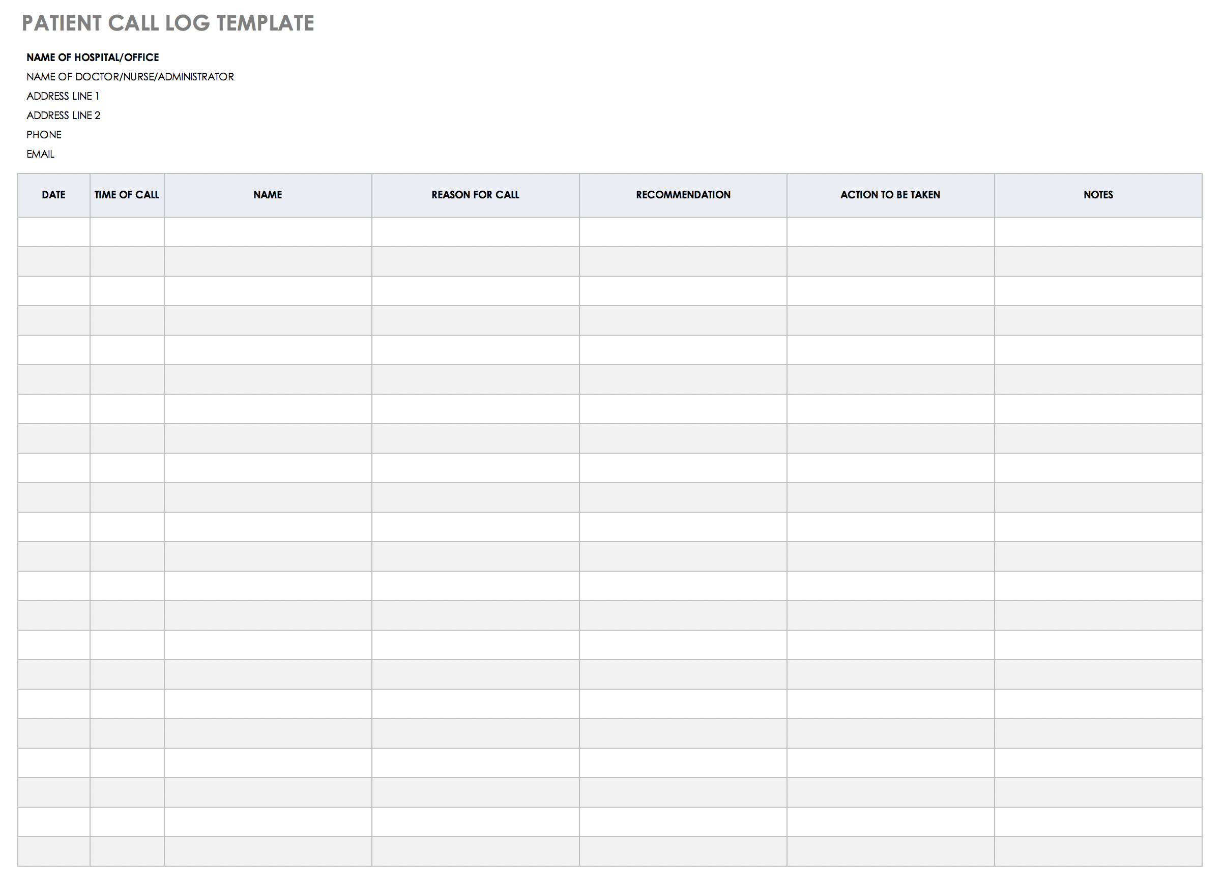 Patient Call Log Template