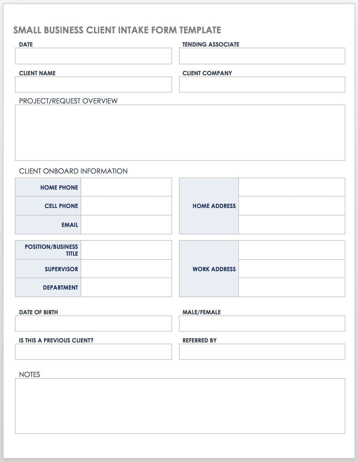 Small Business Client Intake Form Template