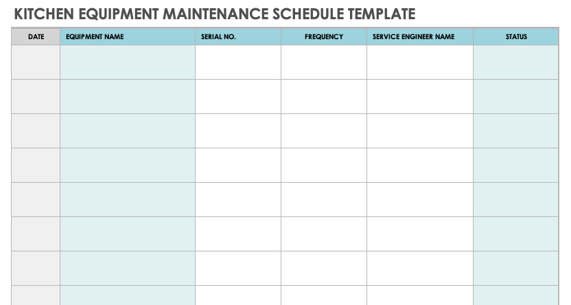 Kitchen Equipment Maintenance Schedule Template