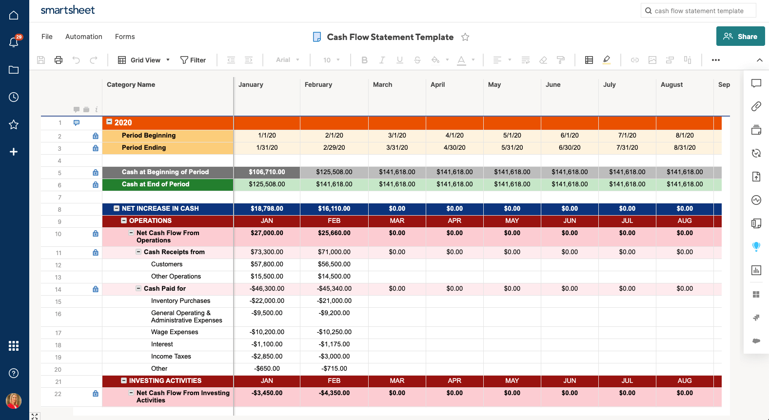 Cashflow Statement Template Smartsheet