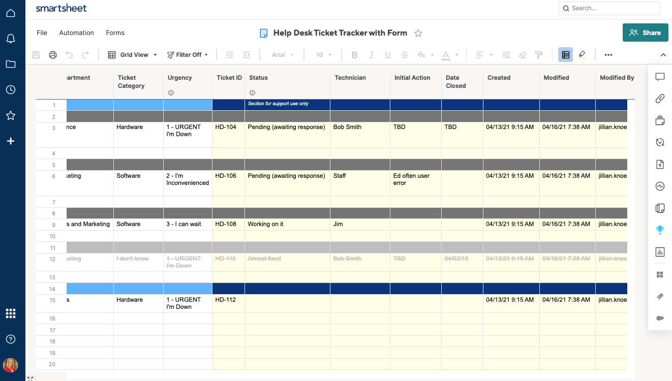 Internal use columns on Smartsheet template