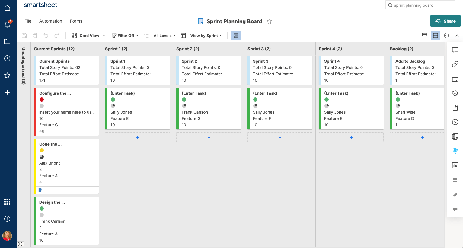 Sprint planning Kanban Board Smartsheet