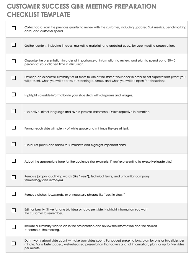 Customer Success QBR Meeting Preparation Checklist Template