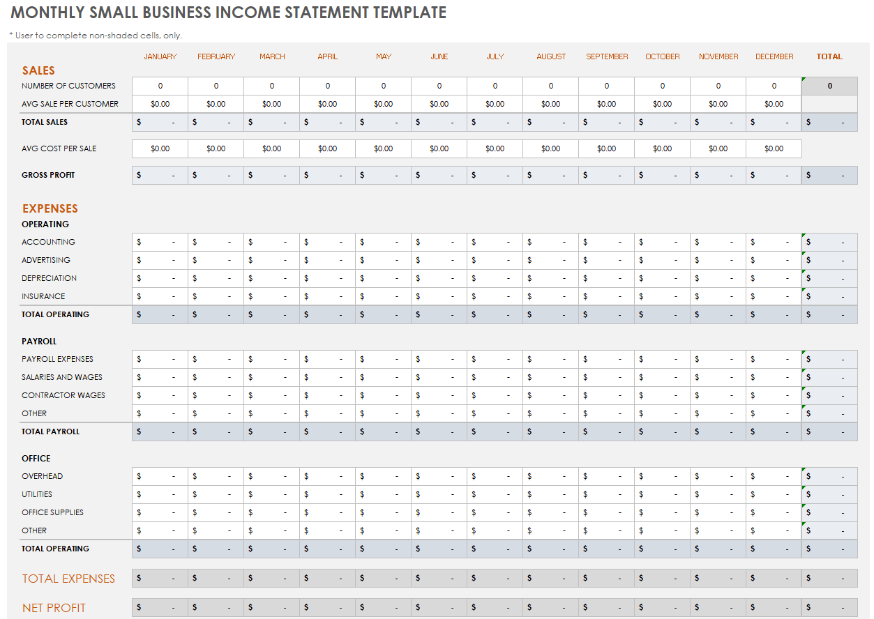 Monthly Small Business Income Statement Template