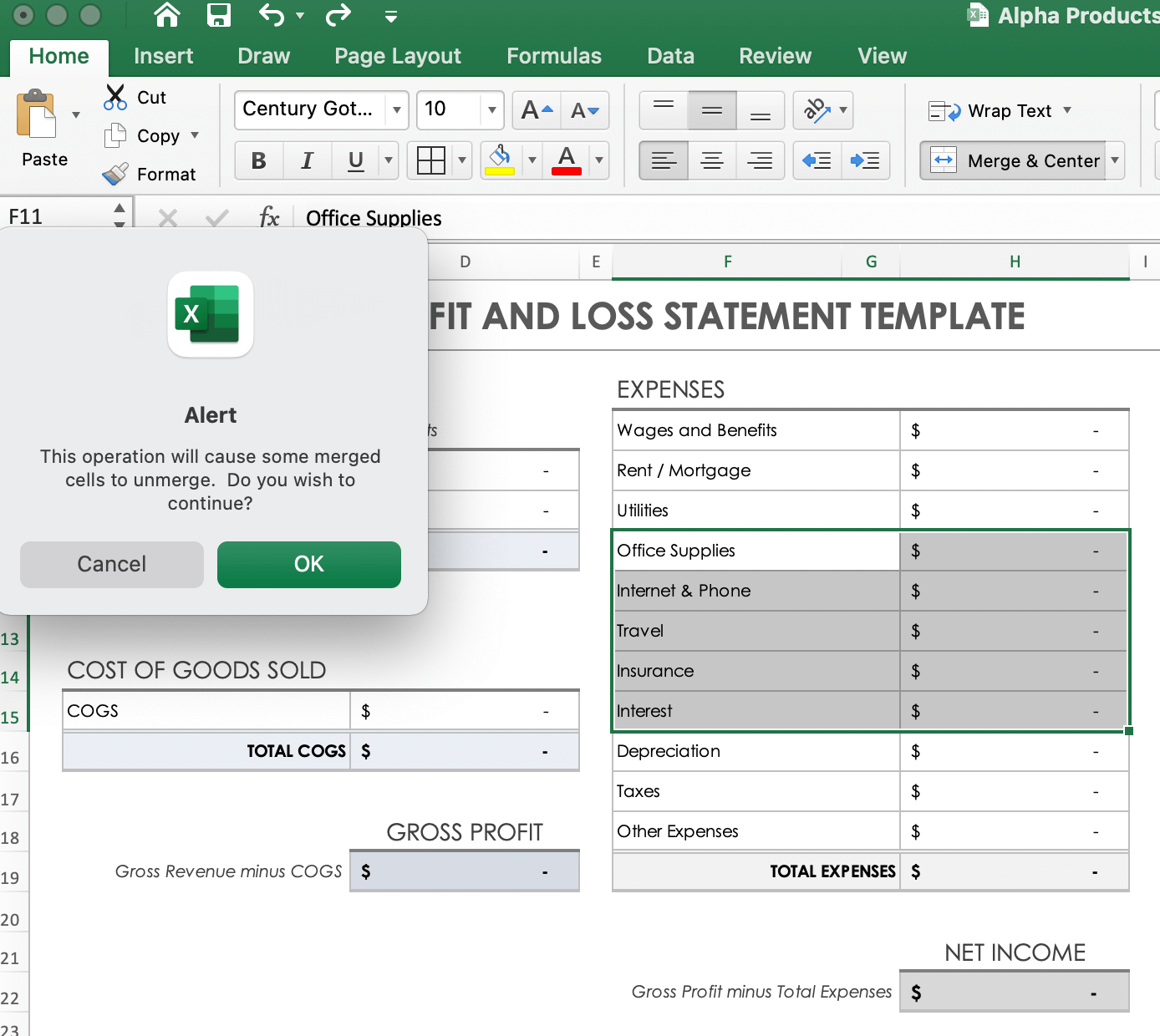 Expenses Delete Alert Menu