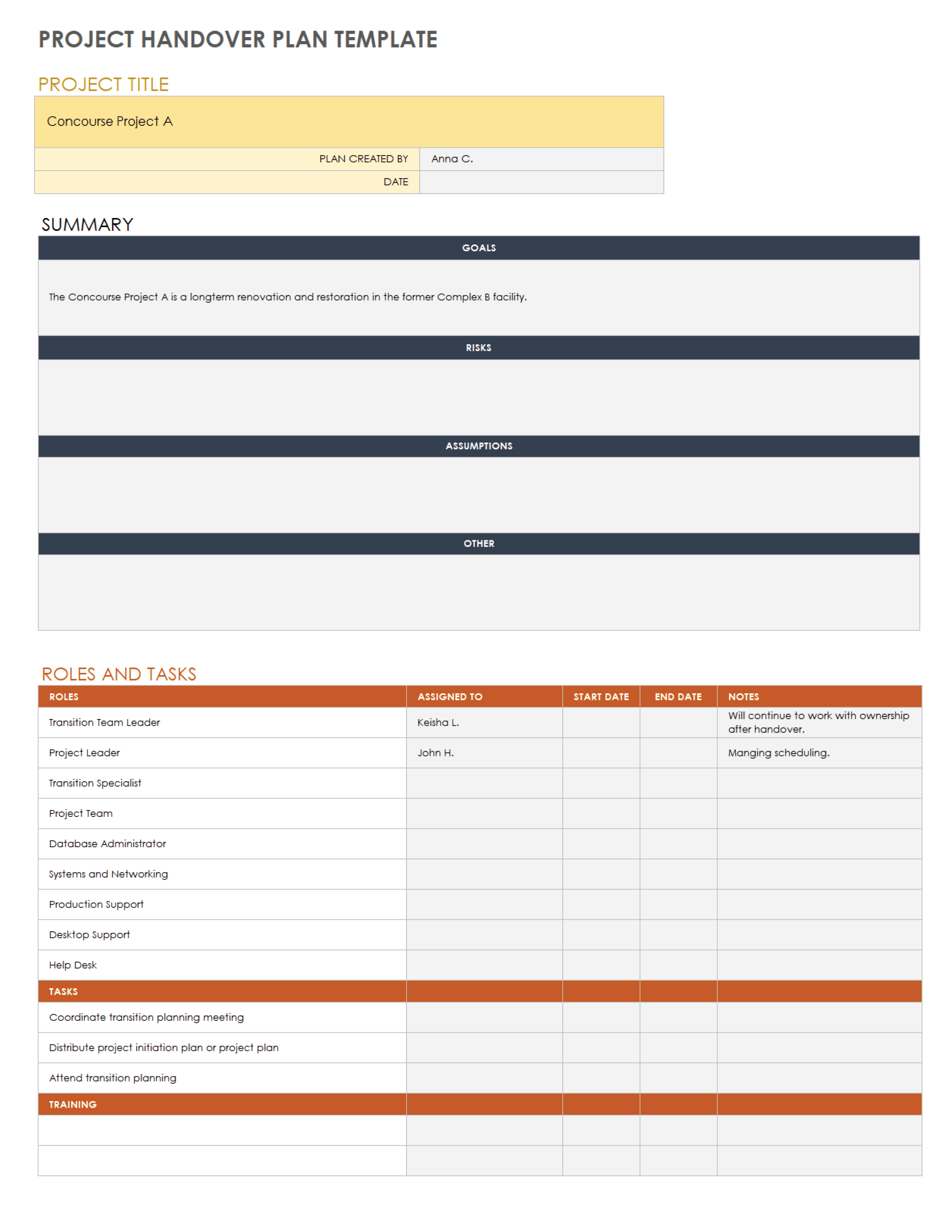 Plan for Project Handover Template