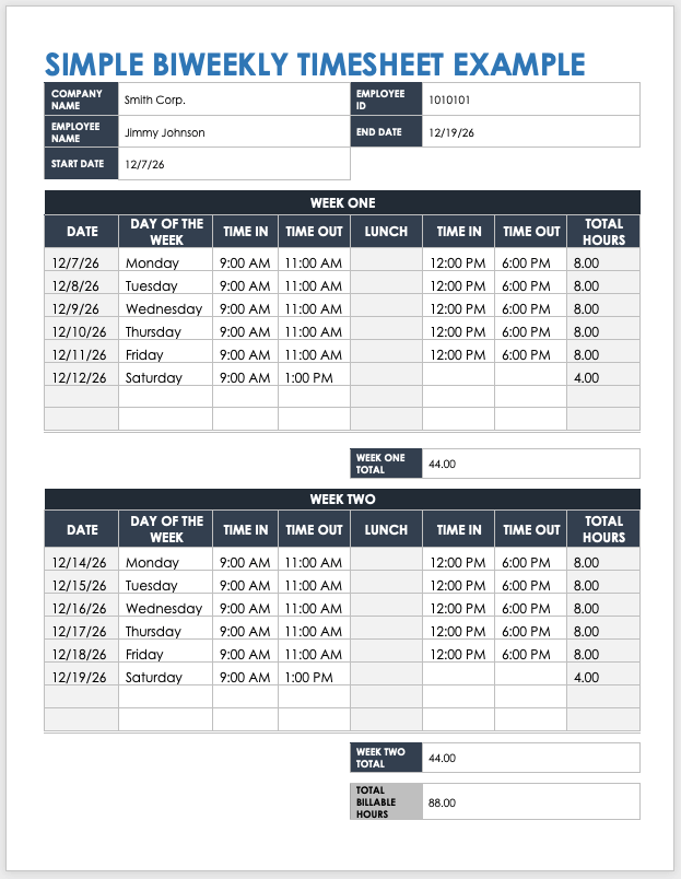 Simple Biweekly Timesheet Example Template