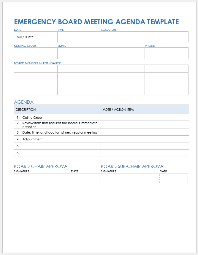 Emergency Board Meeting Agenda Template