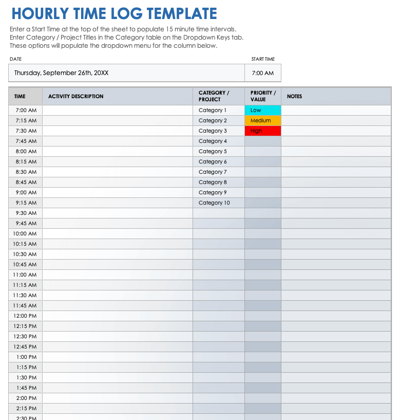 Hourly Time Log Template