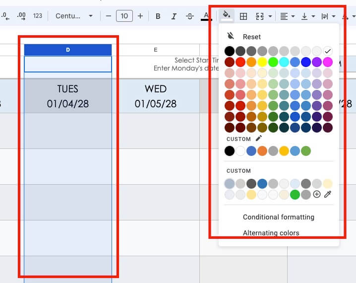 basic daily schedule custom colors Google Sheets