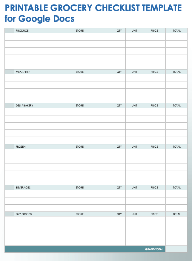 Google Docs Printable Grocery Checklist Template