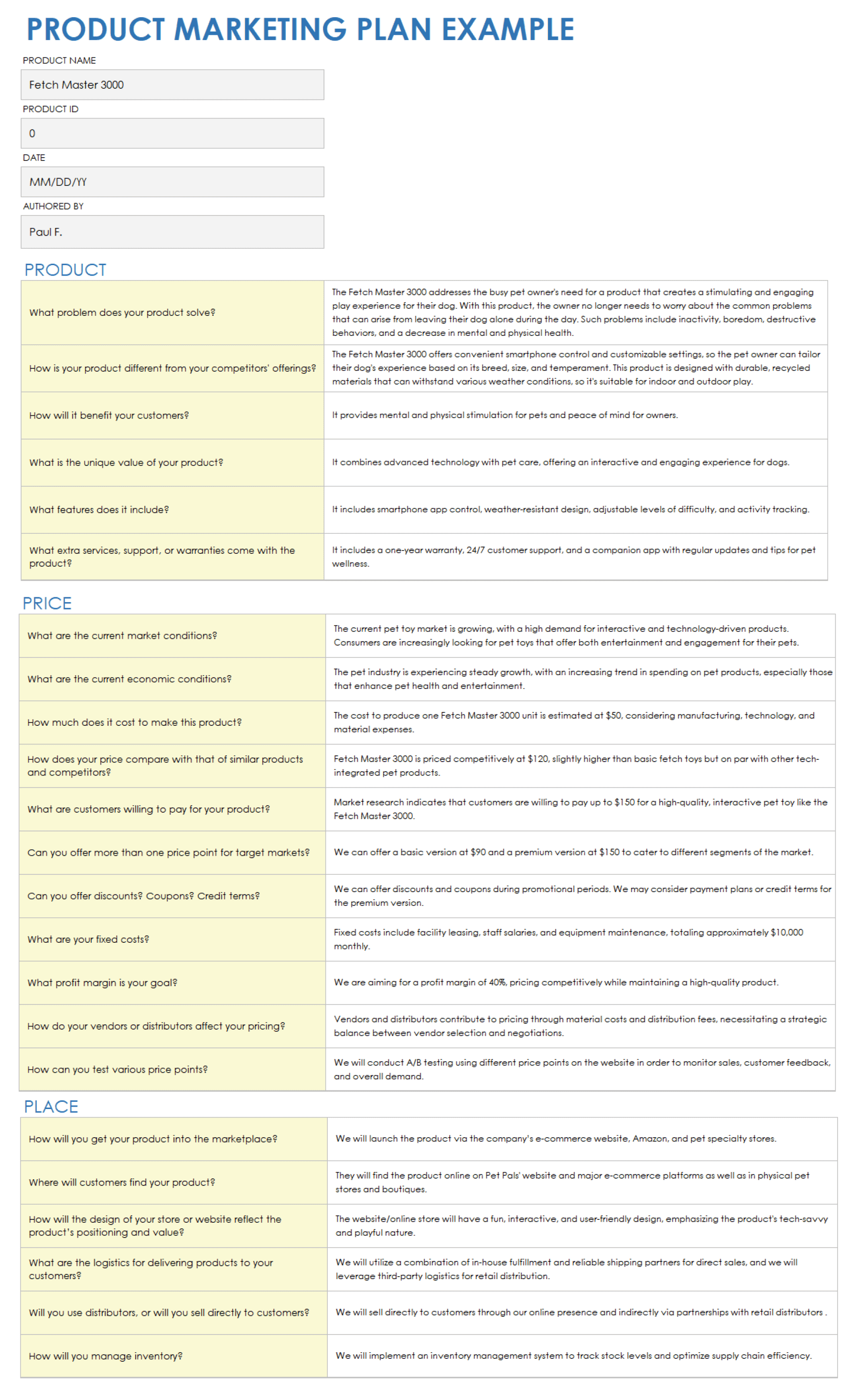 Product Marketing Plan Example