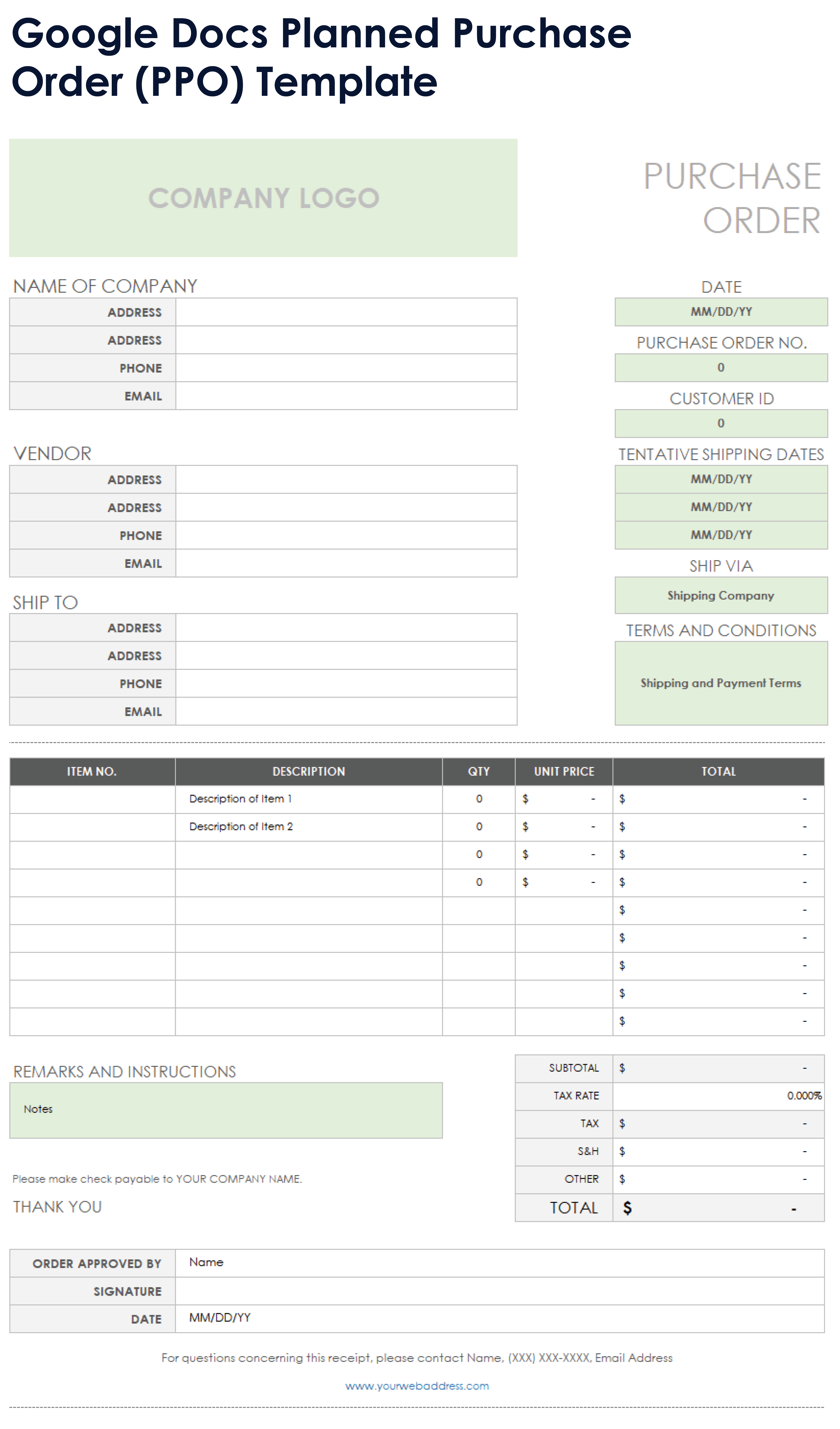 Google Docs Planned Purchase Order PPO Template