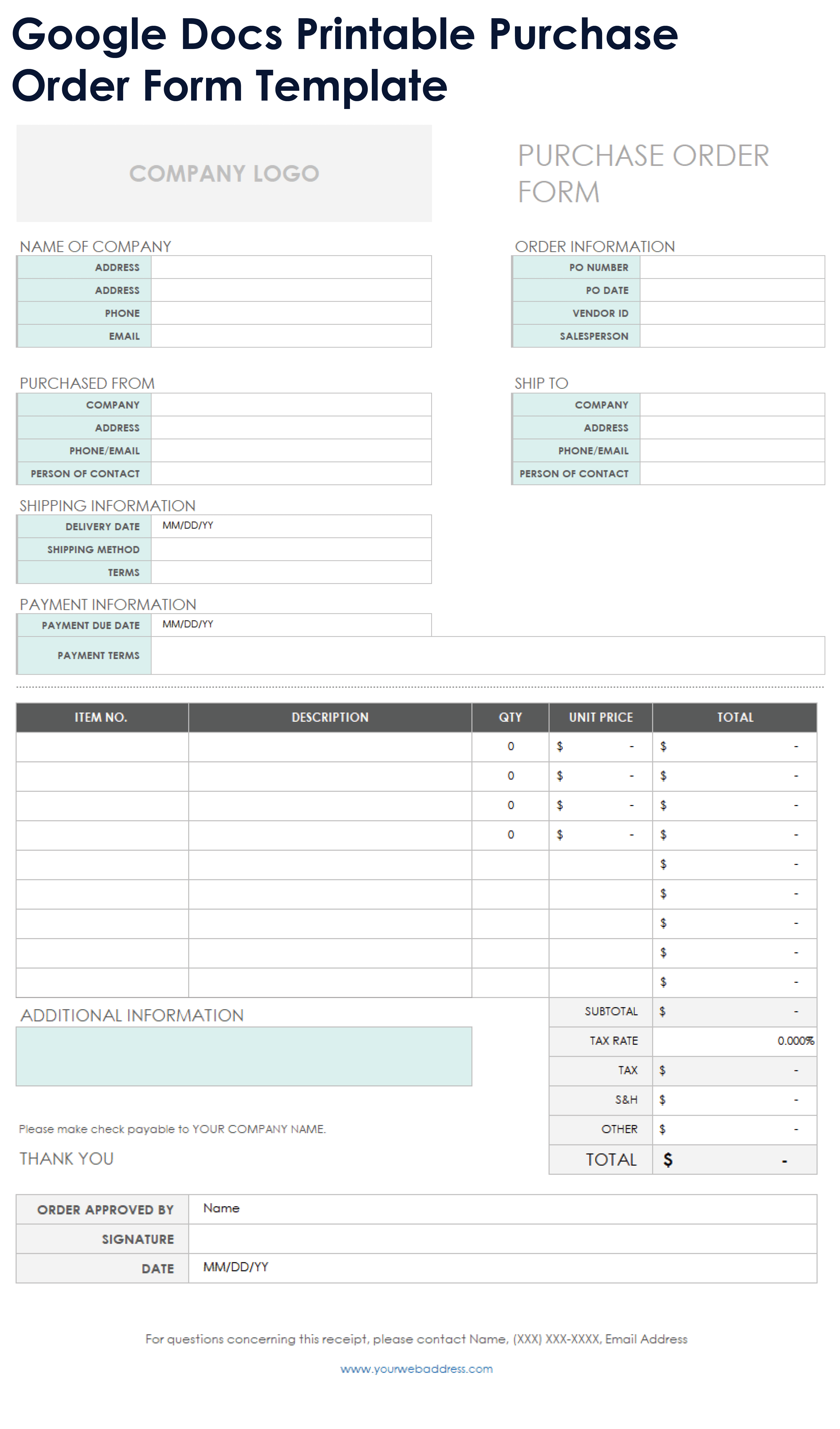 Google Docs Printable Purchase Order Form Template