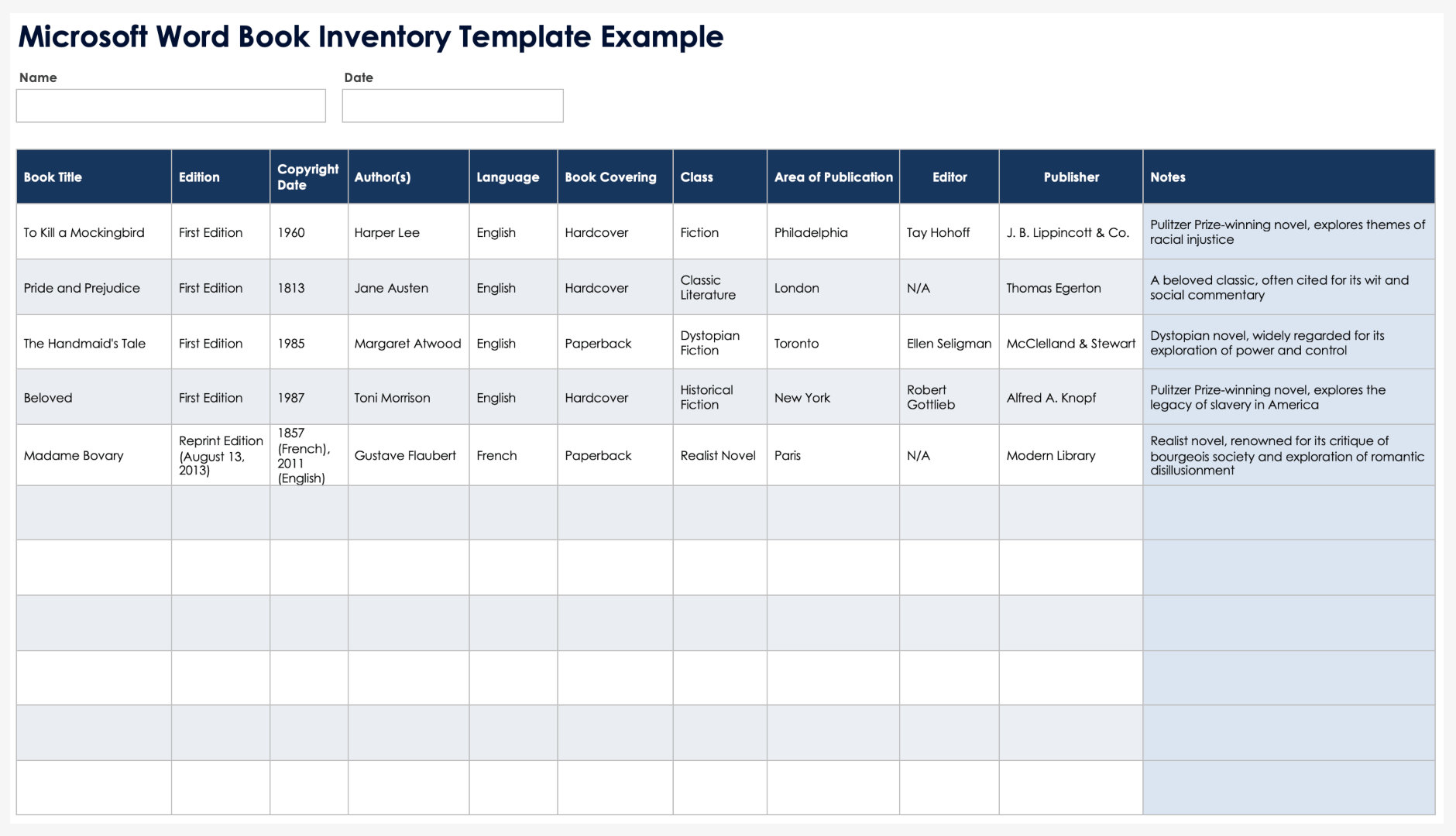 Microsoft Word Book Inventory Template Example