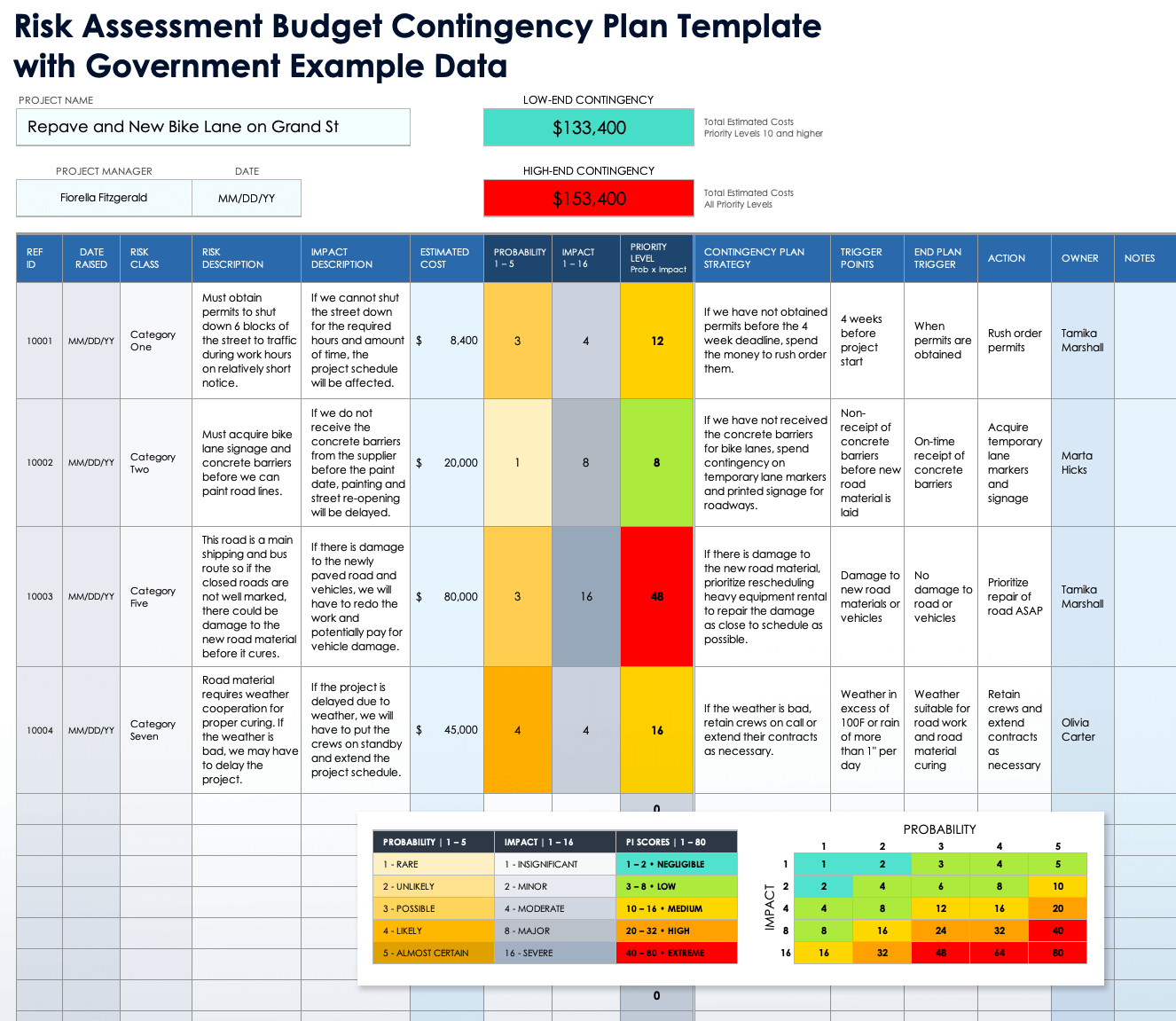 Risk Assessment Budget Contingency Plan Template with Government Example Data