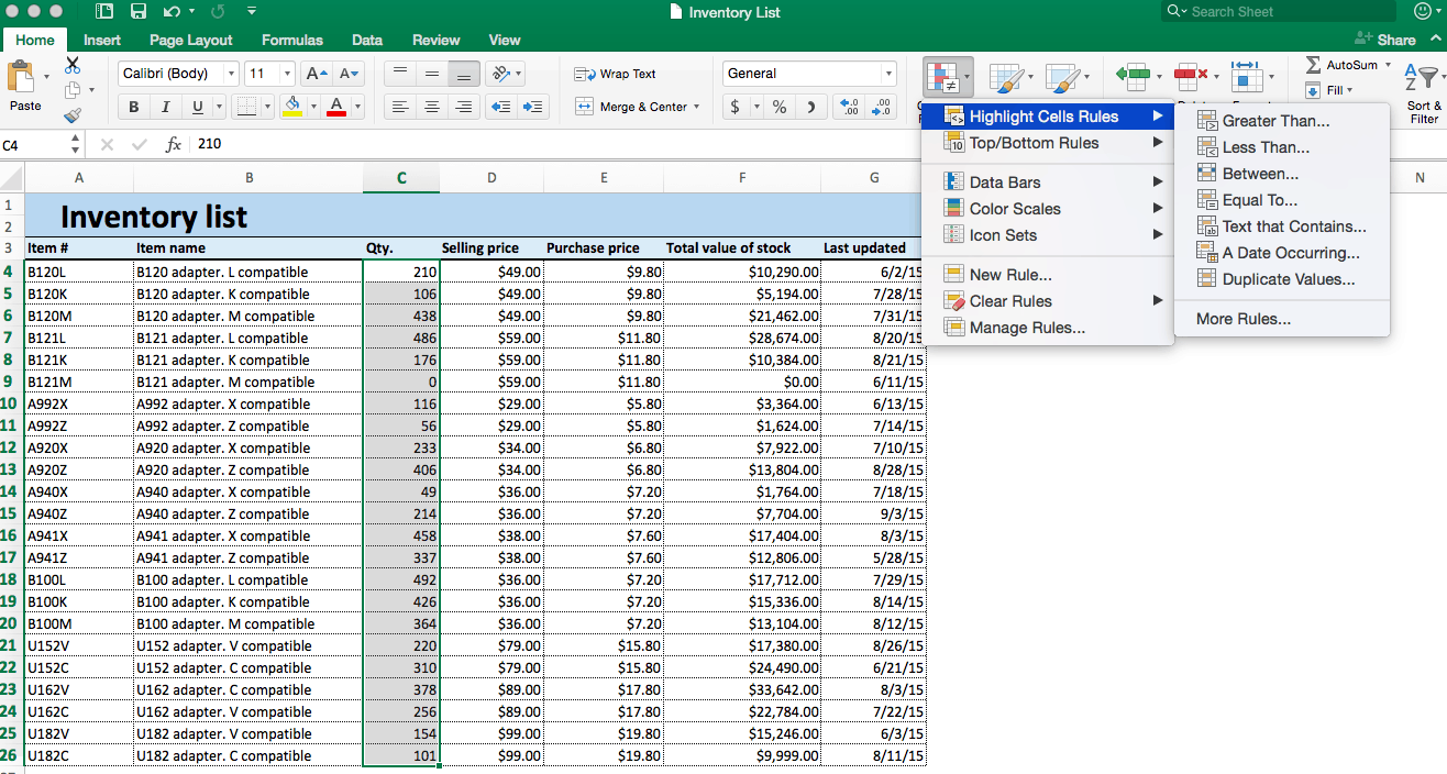 Conditional formatting highlight cells rules Excel