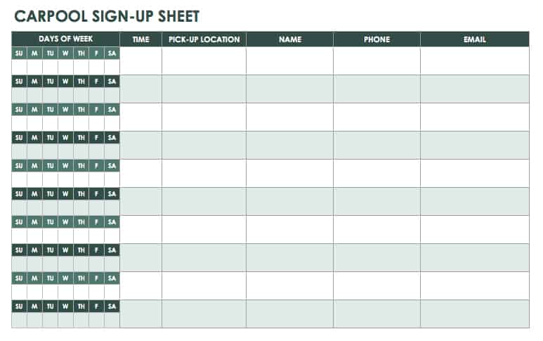 Carpool Sign-Up Sheet Template