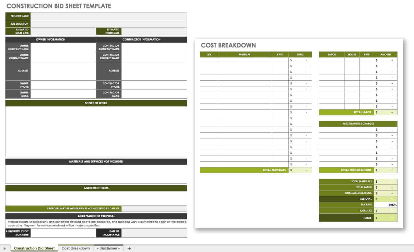 Construction Bid Sheet Template