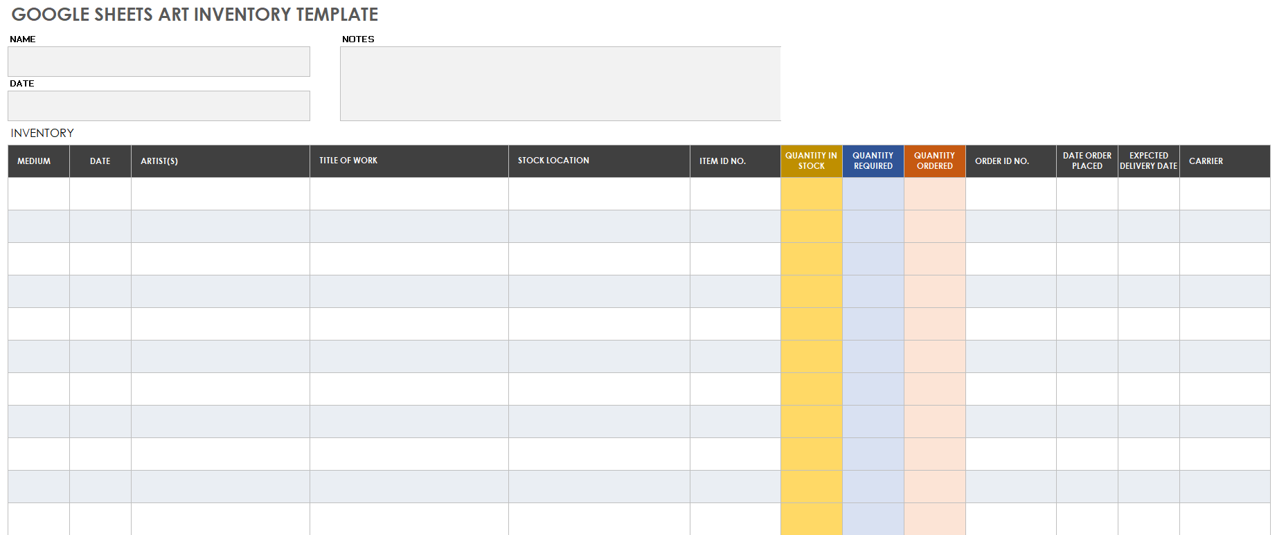 Google Sheets Art Inventory Template