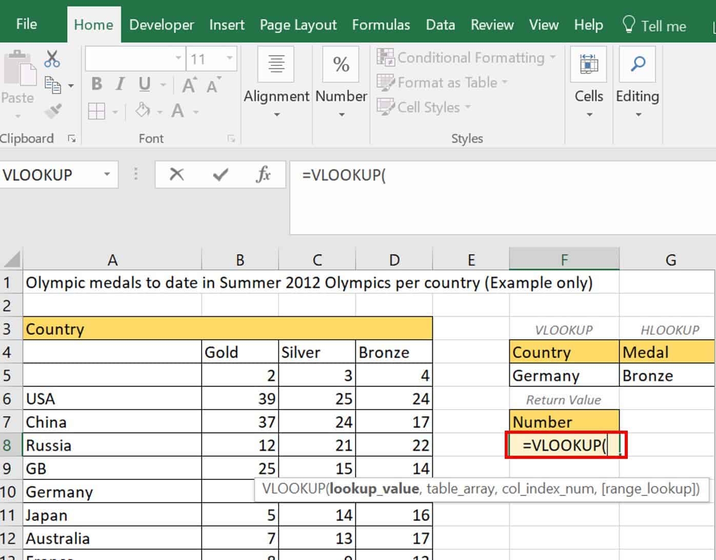 HLOOKUP arguments example