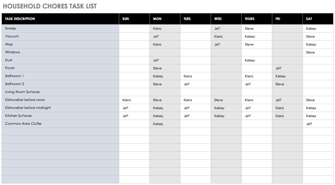 Household Chores Task List Template