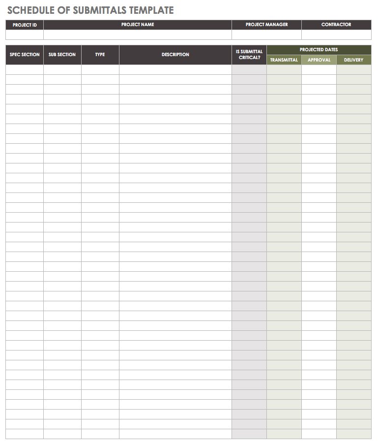 Schedule of Submittals Template