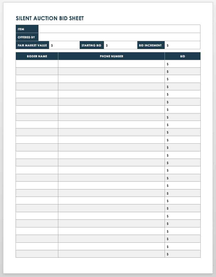 Silent Auction Bid Sheet Template