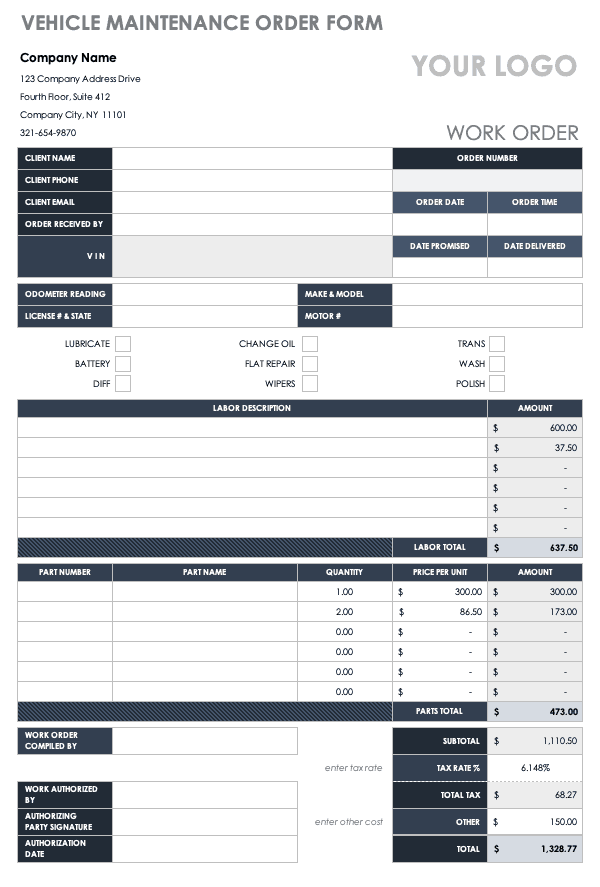 Vehicle Maintenance Order Form Template