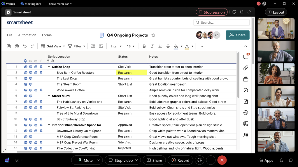 Smartsheet in Webex meeting