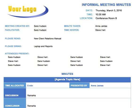 Informal Meeting Minutes Template