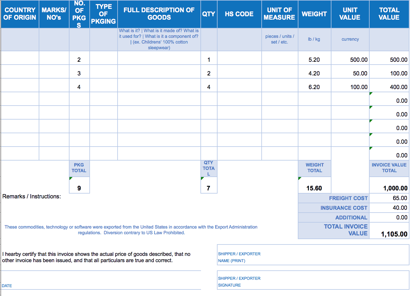 Commercial Invoice Template