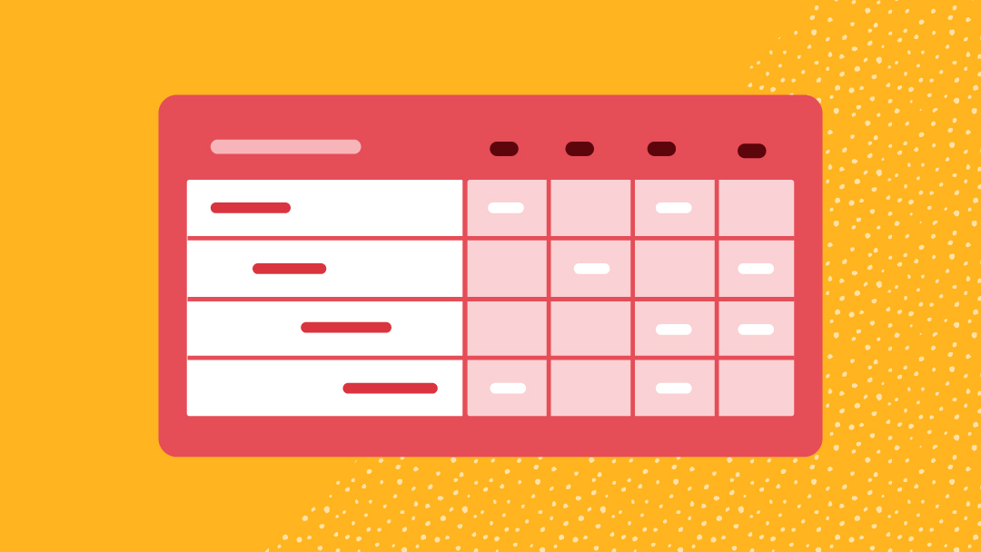 A Gantt chart and matrix grid with some information filled in